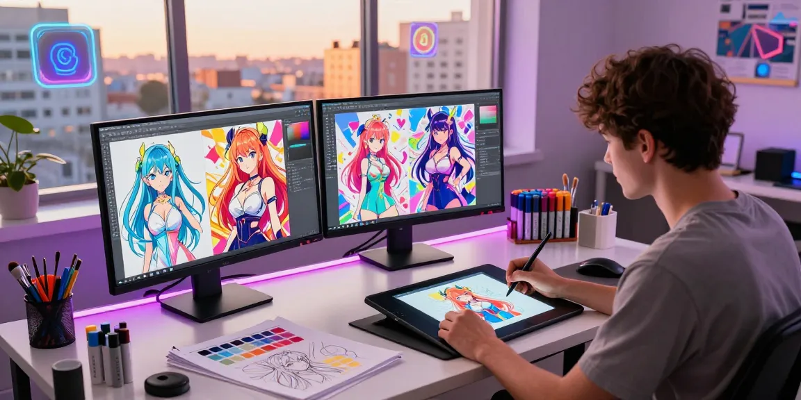 Creative digital artist designing ai ecchi characters in an inspiring studio.