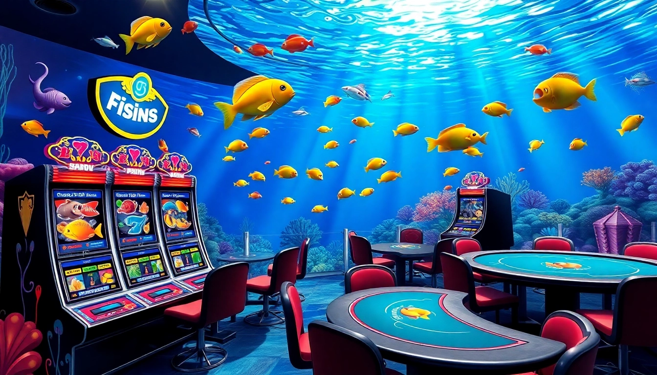Bắn cá đổi thưởng: Vibrant underwater casino scene with dynamic fish and colorful gaming interfaces.