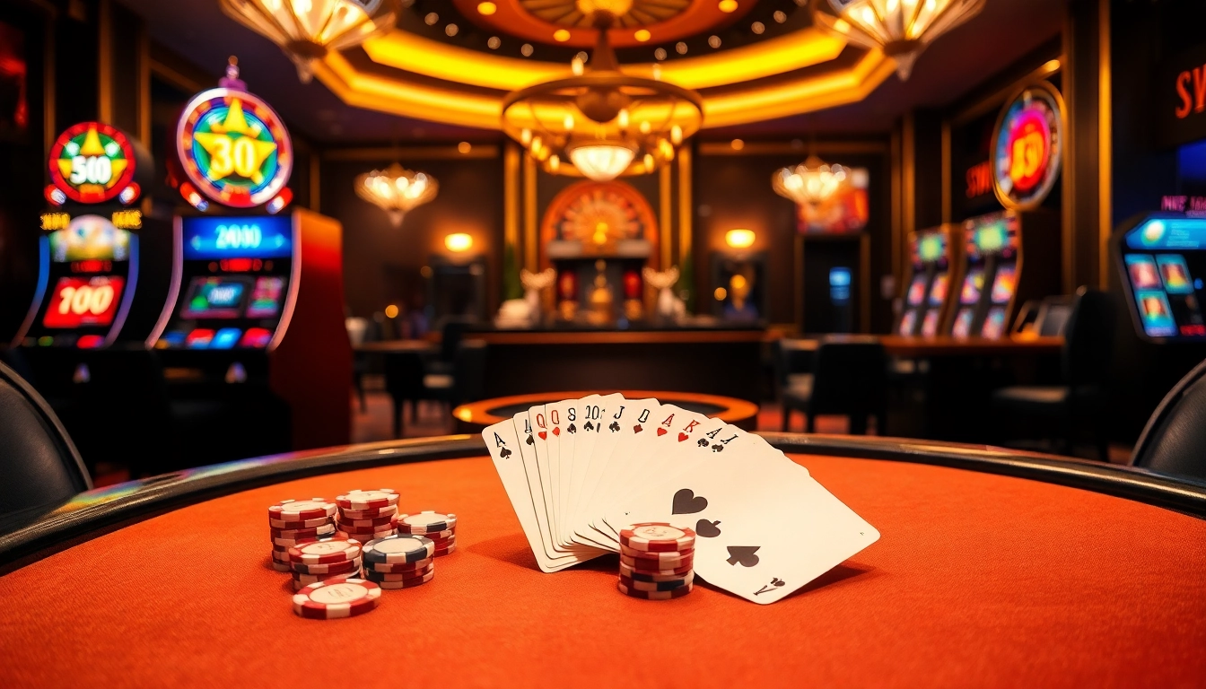 Experience thrilling gameplay at NK88 with vibrant casino elements like poker tables and slot machines.