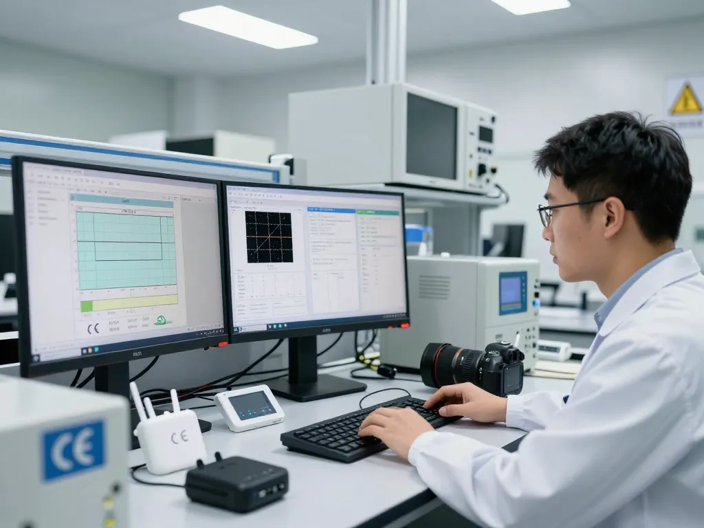 Engineer analyzing CE compliance tests in an advanced EMC lab with high-tech equipment.