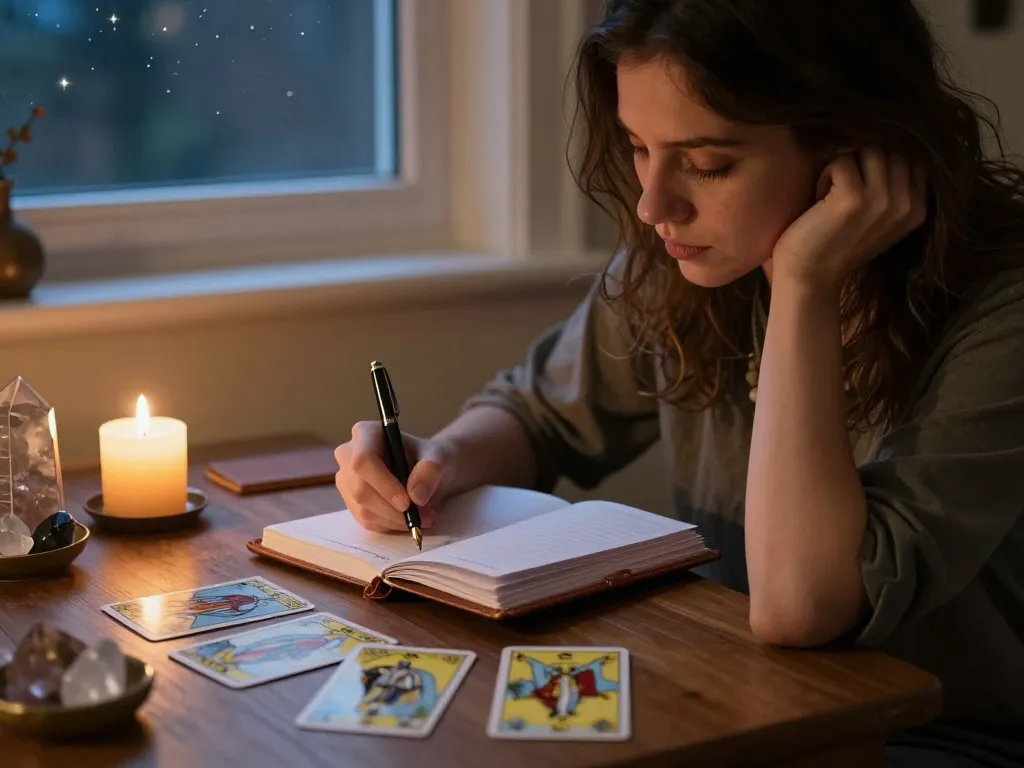 Why do I keep attracting the same partner? Reflective journaling with tarot cards in a cozy, introspective setting.