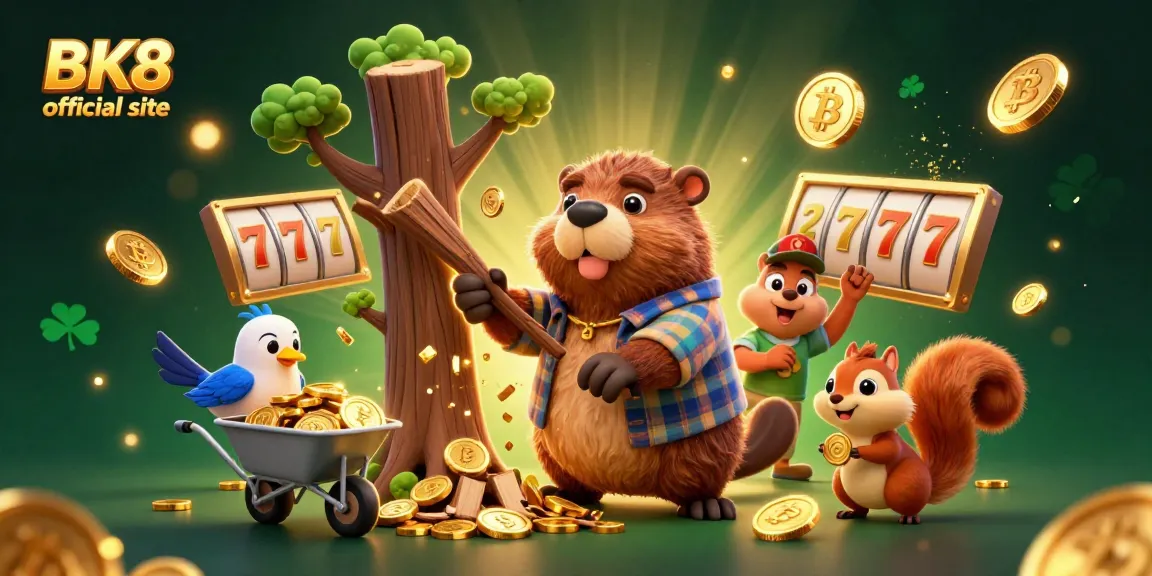 Win big at the BK8 official site as the cartoon beaver chops a tree raining golden coins.