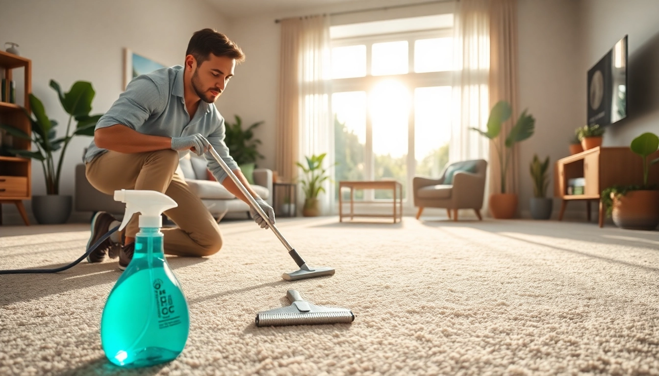 Best carpet cleaning company showcasing technician cleaning a carpet in a bright living room.