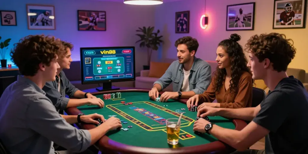 Friends enjoying an exciting game night on vin88's live casino platform.