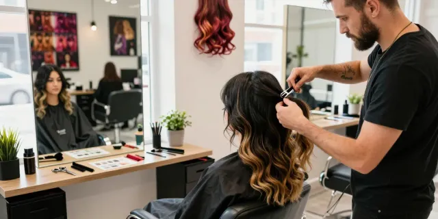 Hairstylist applying seamless clip in extensions on client in urban salon, showcasing vibrant hair transformation.