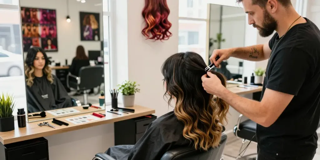 Hairstylist applying seamless clip in extensions on client in urban salon, showcasing vibrant hair transformation.