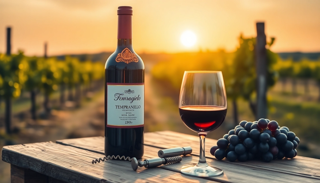 Tempranillo wine bottle on a rustic table with grapes in a warm vineyard setting.