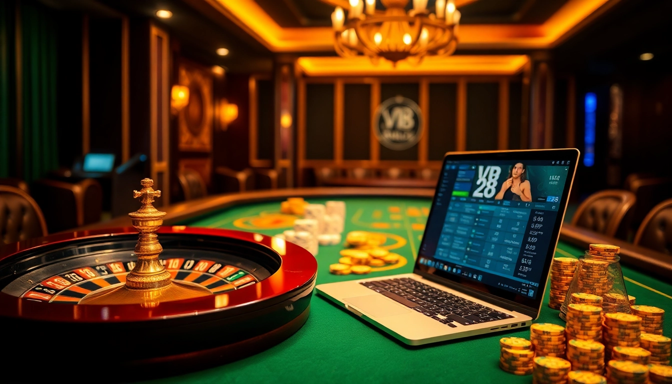 A vibrant live casino scene showcasing VB 88's dynamic online gambling experience with poker chips and roulette wheel.
