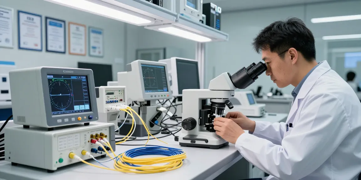 Technician testing fiber optic connectors in a modern telecommunications lab.