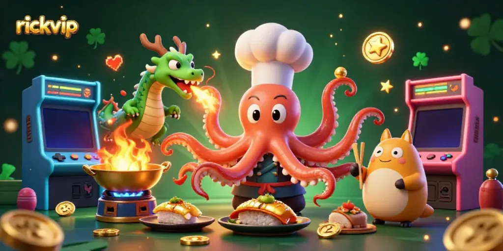 Experience authentic games at rickvip with a dynamic illustration of colorful characters and casino elements.