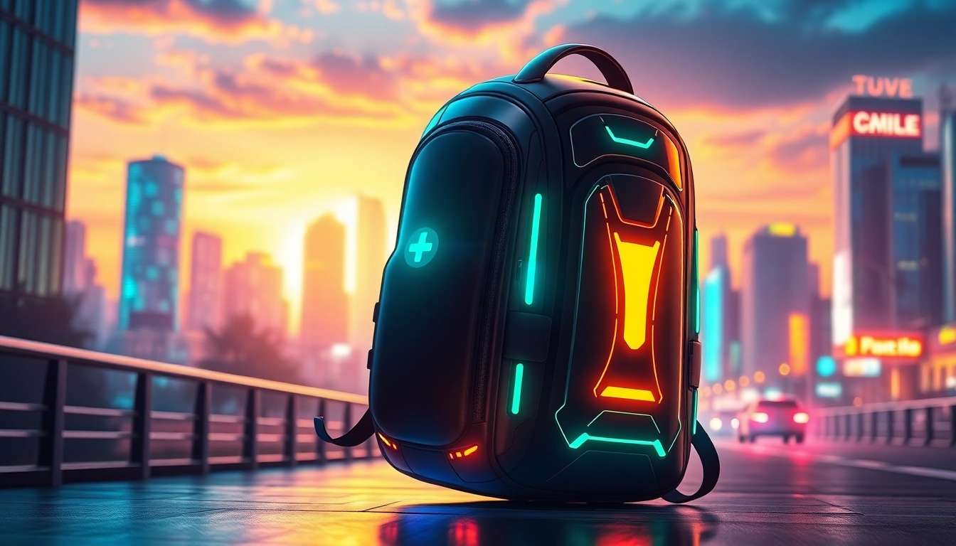 Highlighting Backpack TGE, a futuristic backpack design against a vibrant cityscape.