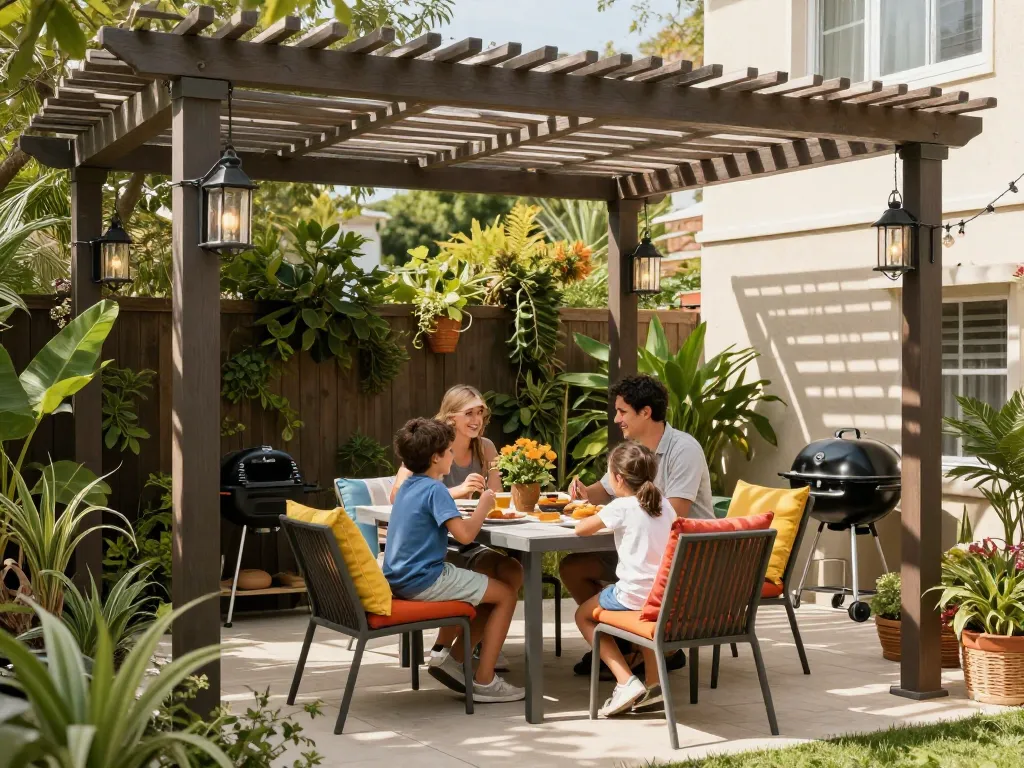 Family gathering under a stylish online pergola configurator in a bright backyard