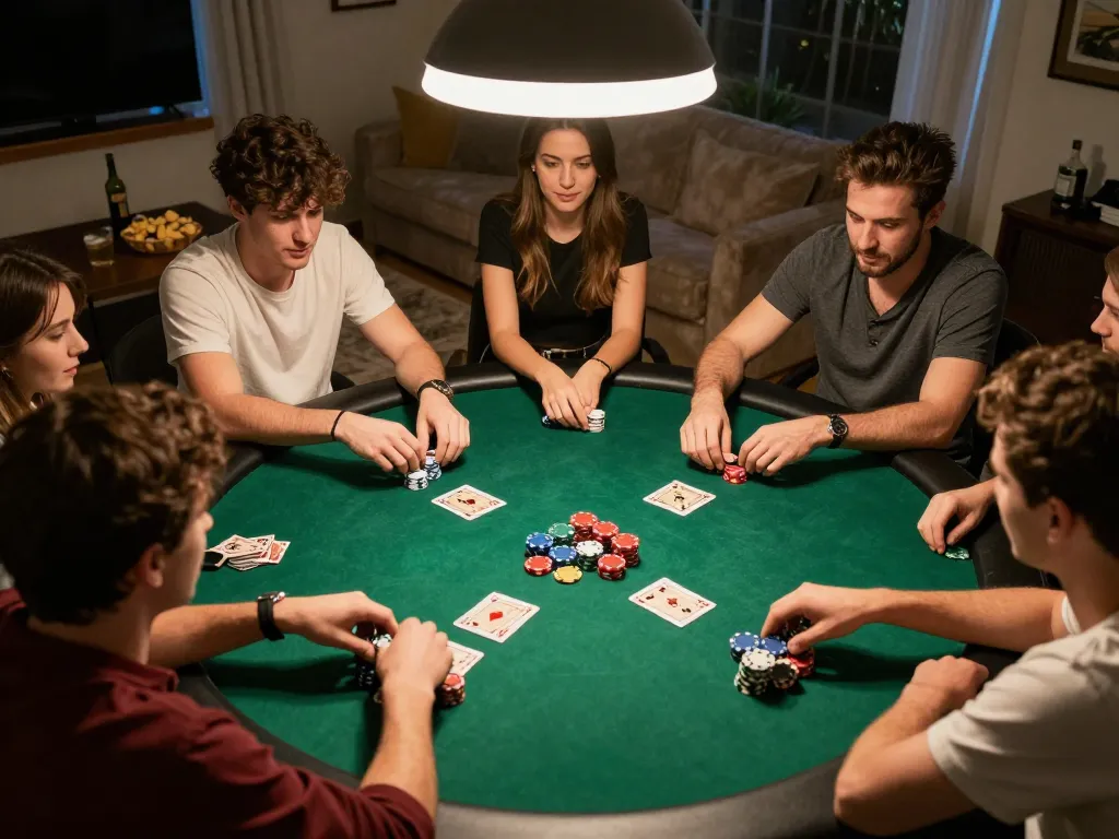 Players enjoying an exciting home poker game at dn88, creating a lively atmosphere with chips and cards