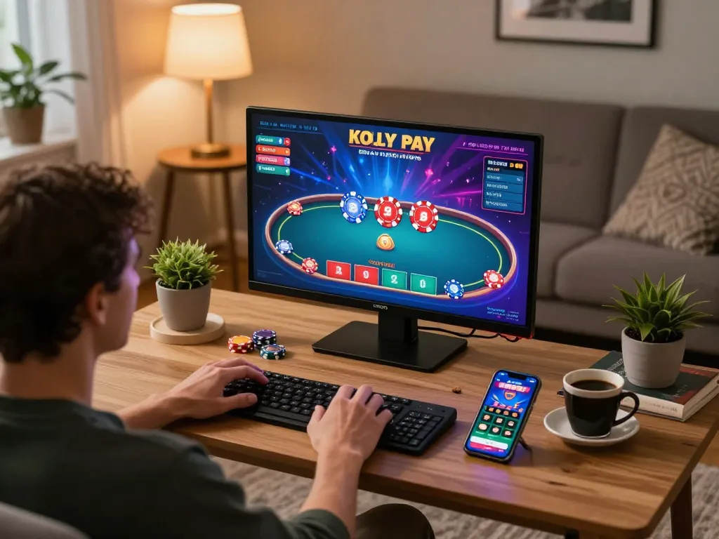 Engaging online poker game scene on itwshow platform with player strategizing in stylish living room.