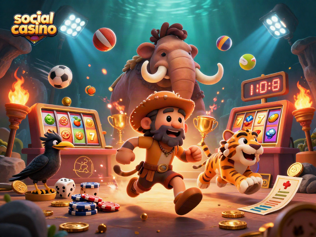 Engage in the thrilling social casino experience with vibrant characters in action.