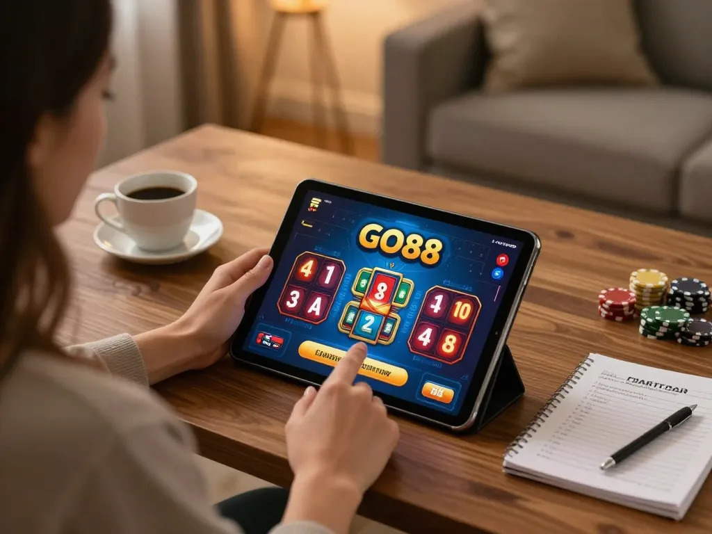 Enjoying GO88 games on a tablet in a cozy home environment, emphasizing strategic online gambling.