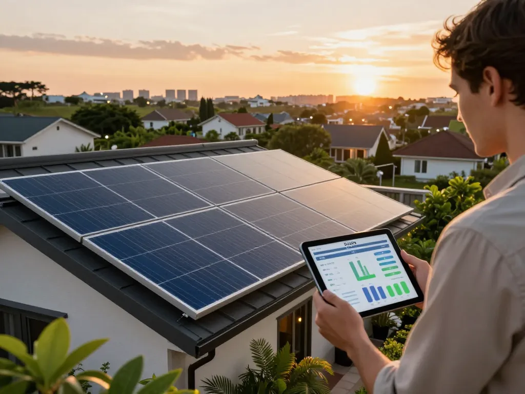 Eco-friendly home showcasing garanzia dei moduli fotovoltaici with solar panels under sunset.