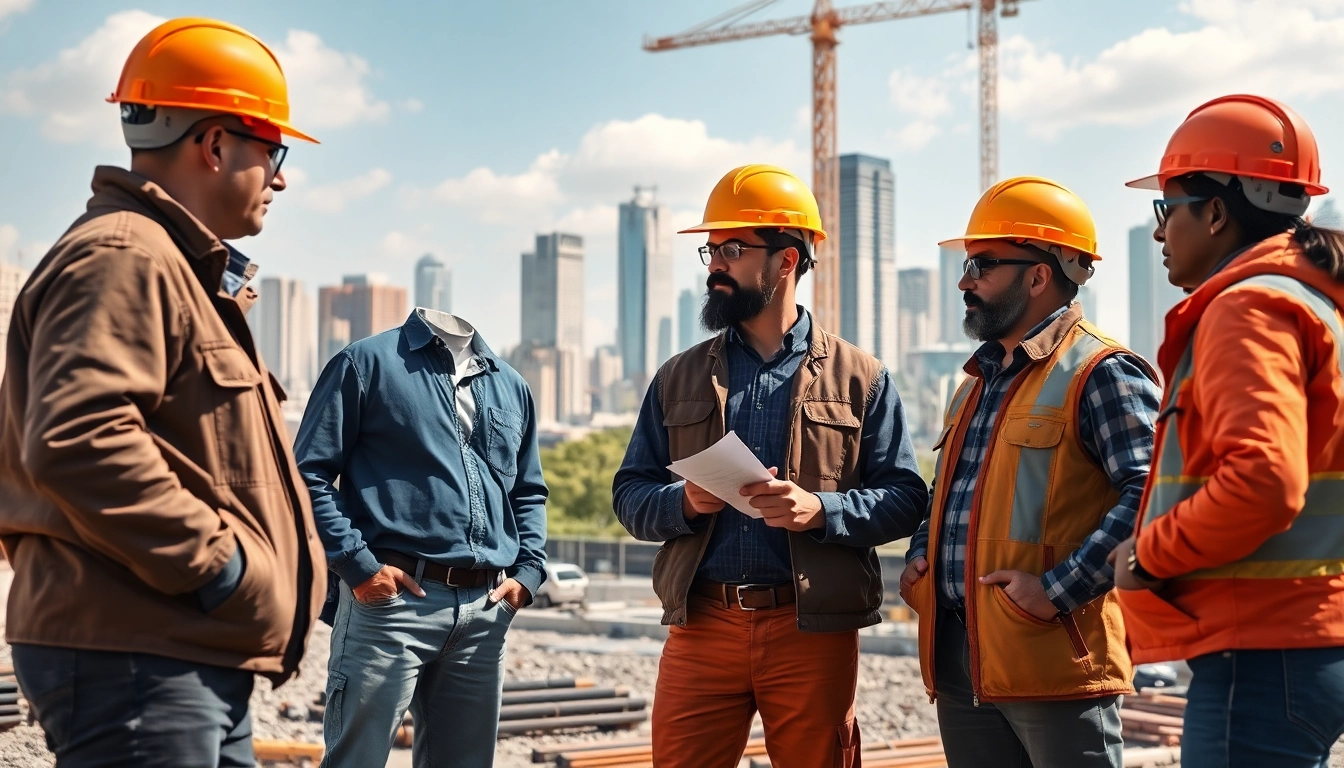 Construction association professionals collaborating on a building project in a bustling urban environment.