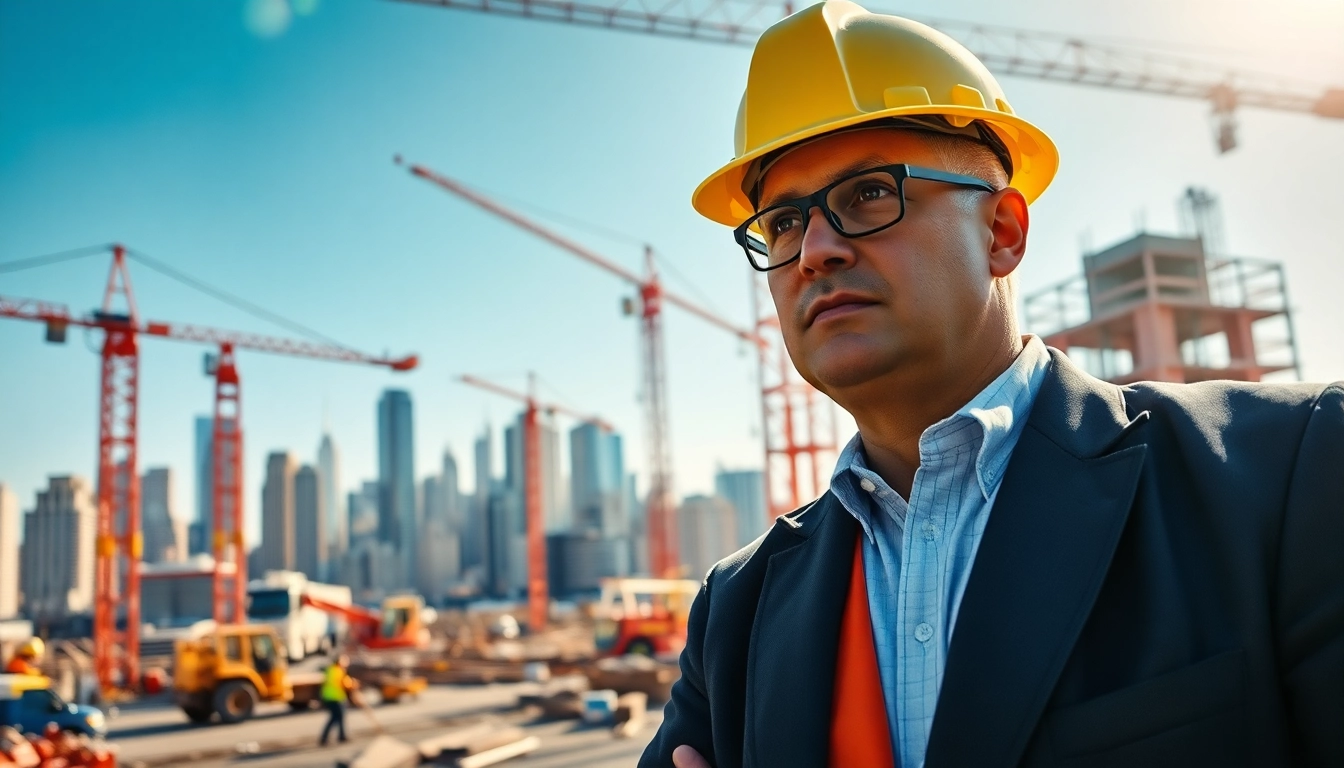 New York Construction Manager overseeing a dynamic construction site with cranes and workers in bright light.