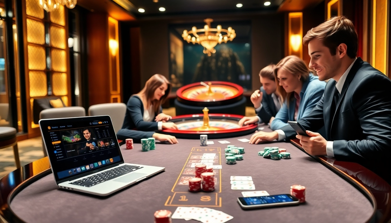 A vibrant casino scene featuring keonhacai betting on poker tables and roulette games, showcasing excitement and luxury.