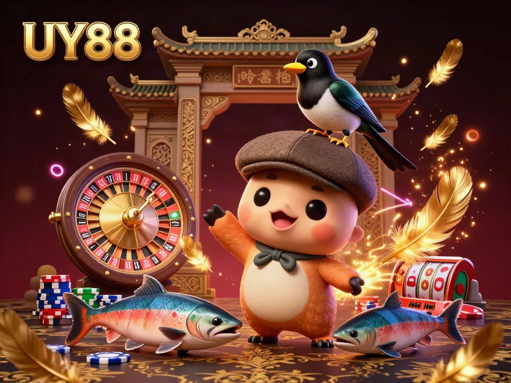 Engage in thrilling gaming at UY88 featuring a whimsical 3D Loch Ness monster, magpie, and salmon amidst a vibrant casino setting.