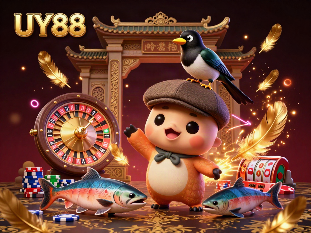 Engage in thrilling gaming at UY88 featuring a whimsical 3D Loch Ness monster, magpie, and salmon amidst a vibrant casino setting.