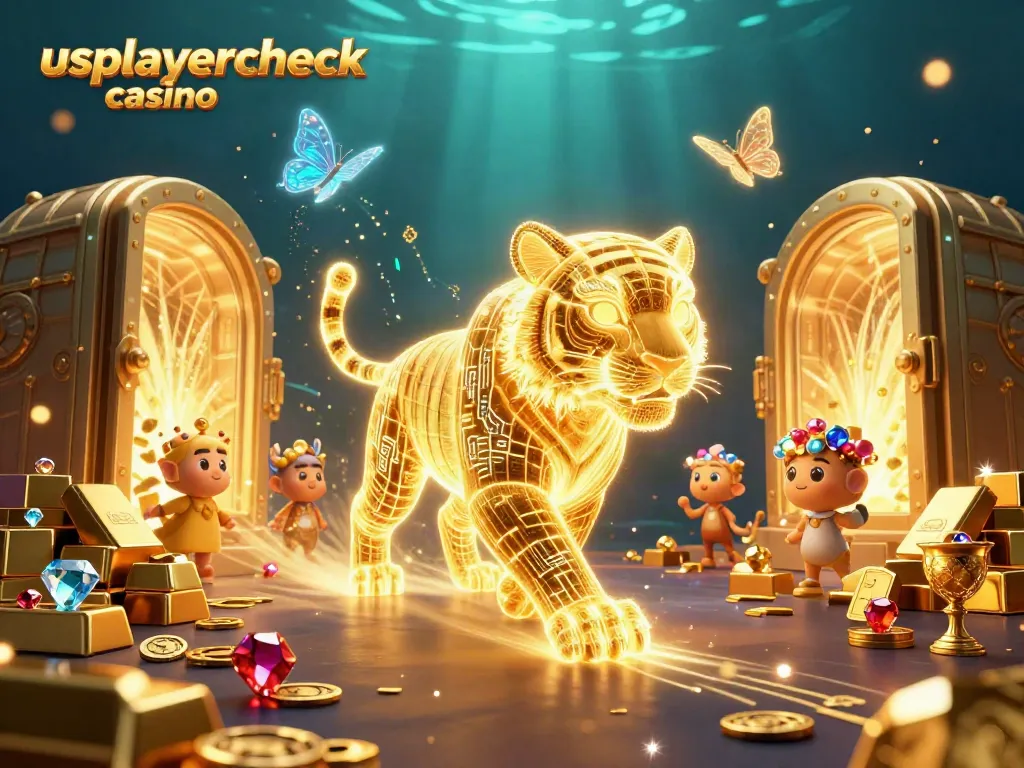 Experience the thrill of usplayercheck casino with neon elements and golden treasures in a vibrant digital landscape.