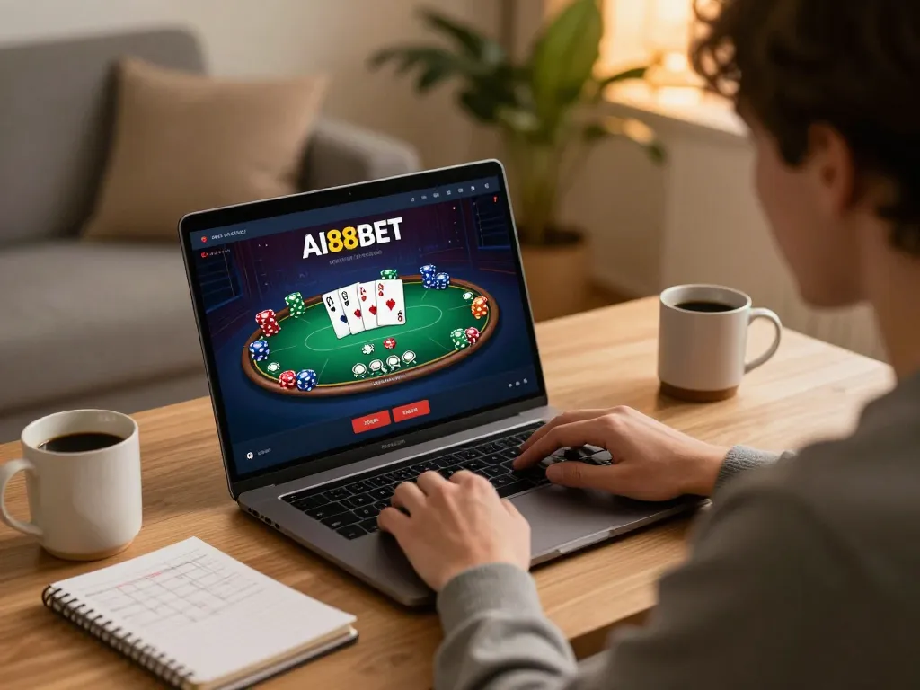 Engaging in online poker at AI88BET with a laptop and strategy notes for better odds.