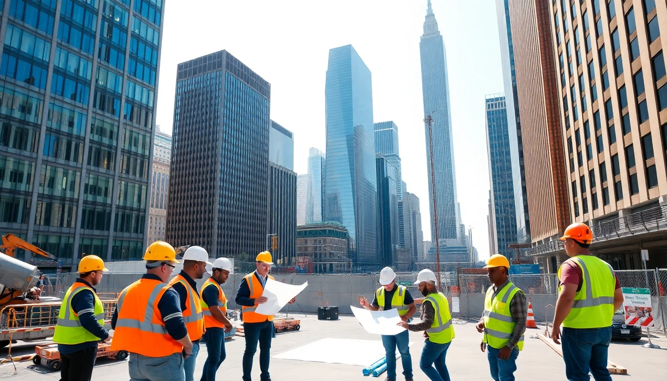 New York City General Contractor team collaborating on a construction site in an urban setting.