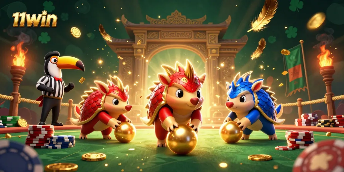 Bowling pangolins with poker chips, showcasing 11WIN in an energetic casino scene.