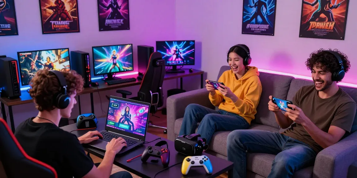 Engaged gamers playing sex games online on diverse devices in a vibrant room.