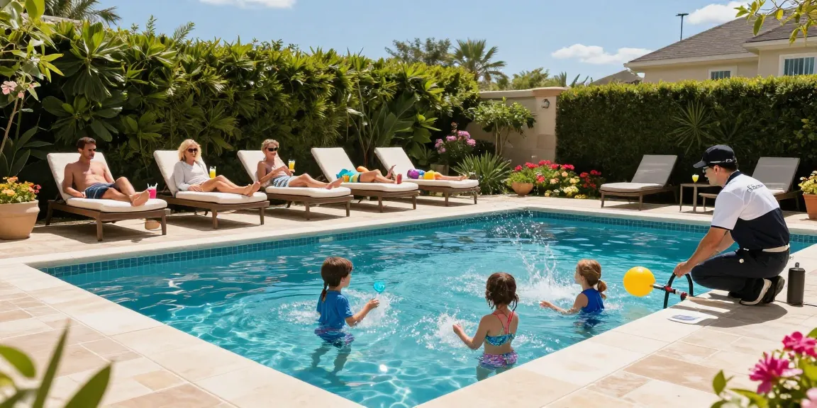 Dolphin Pool Services providing pool care while families enjoy summer fun by the pool.