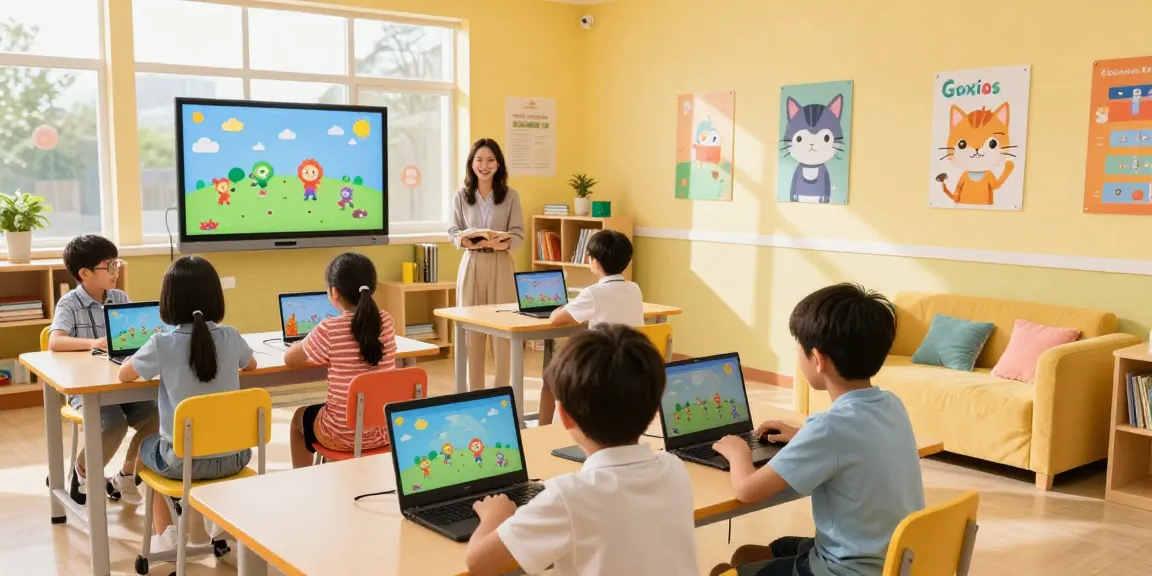 Engaged children playing educational games in a vibrant digital classroom setting.