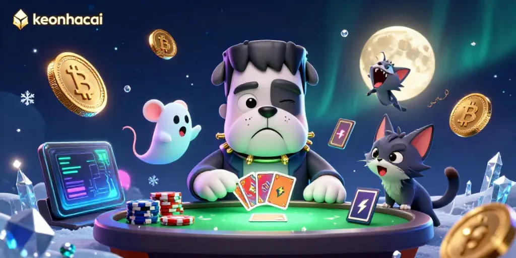 Gamble smartly with keonhacai's lively gaming scene featuring a cartoon bulldog dealer amidst glowing crypto coins.