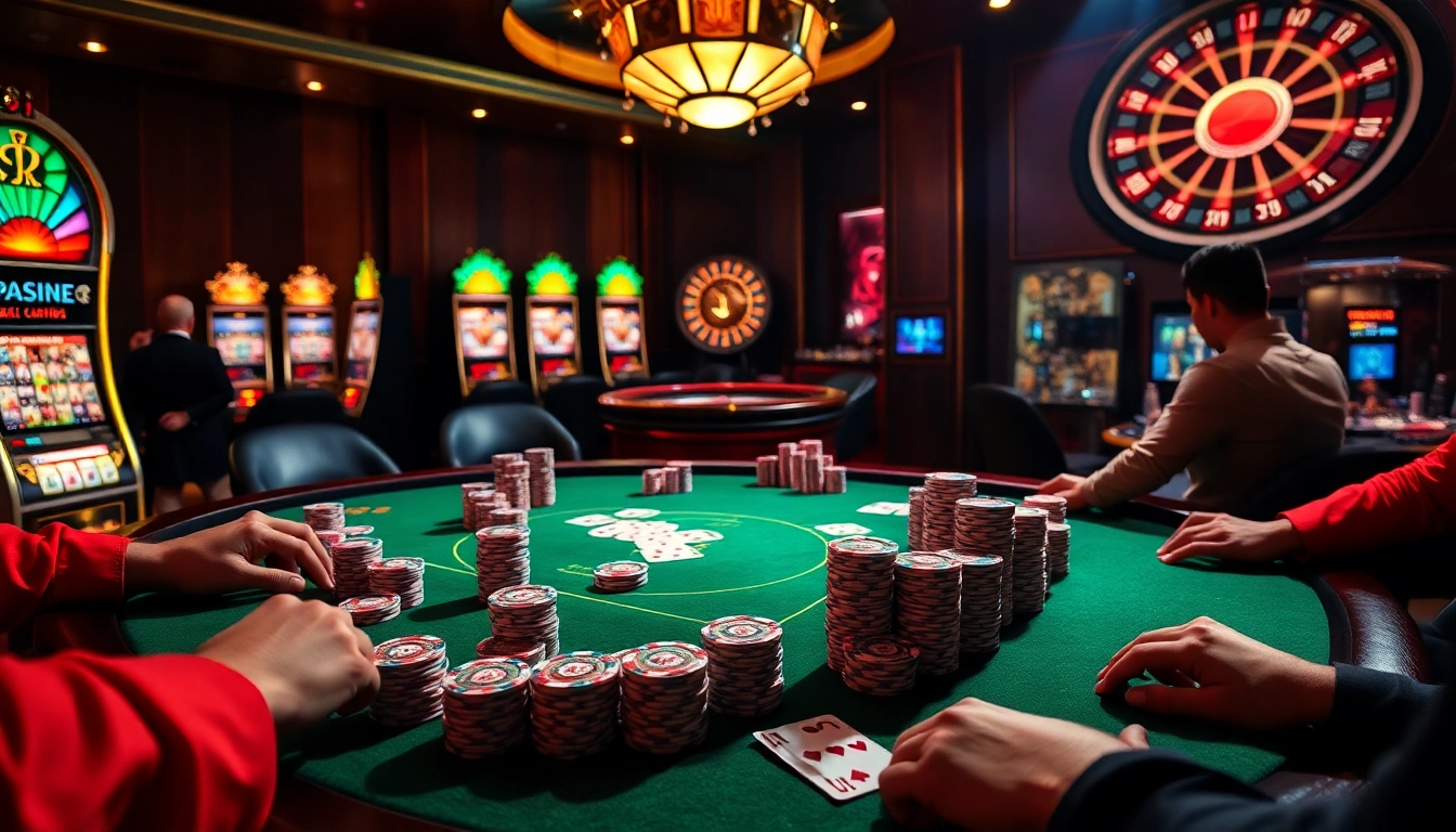 Exciting scene at SV368 casino with poker players, glowing slot machines, and vibrant chips