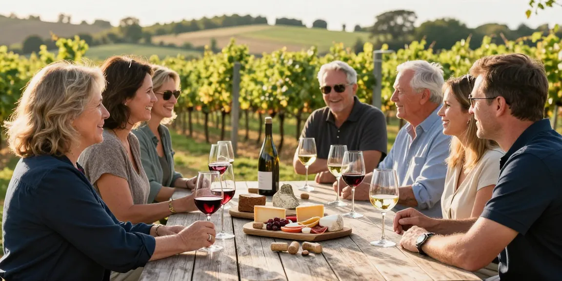 Boutique wines in Long Island showcased in a lively vineyard gathering with elegant glasses and rustic food.