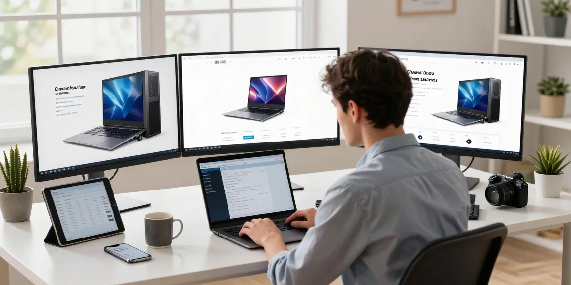 Professional workspace showing a user focused on a laptop with refurbished PC specifications and customer reviews, highlighting the tech retail experience.