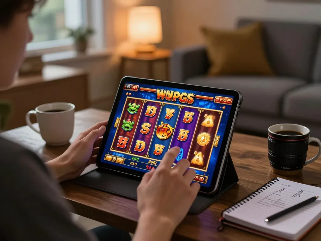 Experience gambling thrills with sunwintop while playing engaging slot games on a tablet in a cozy home.