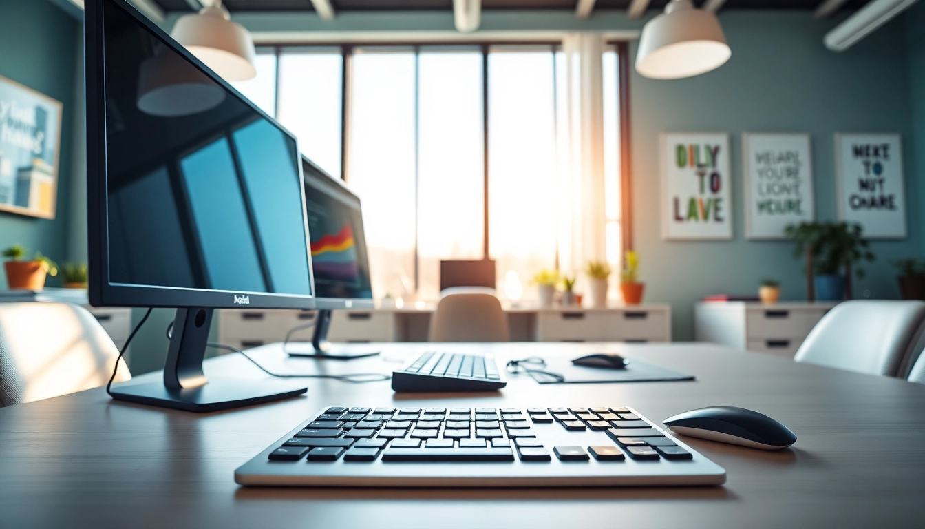 Innovative workspace at a Typing Center with advanced equipment, warm lighting, and a modern aesthetic.