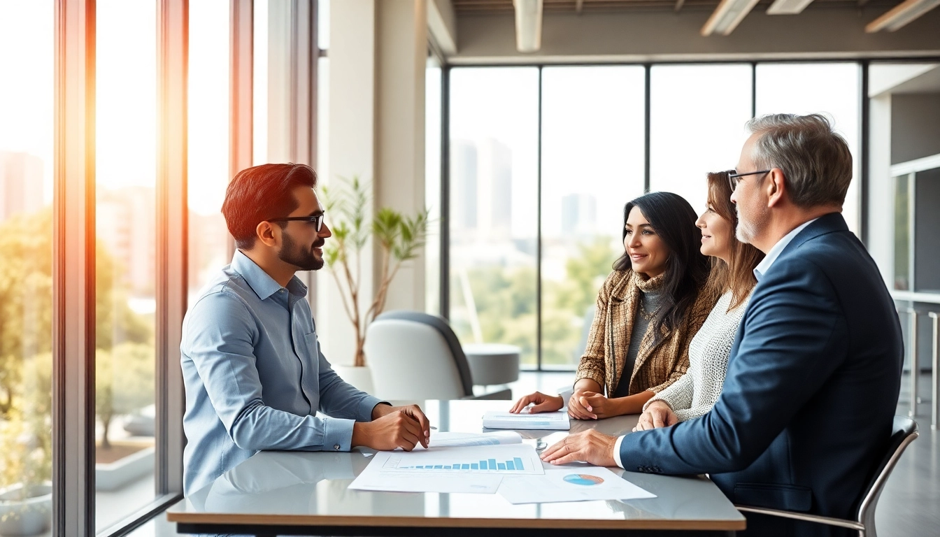 Engaging legacy planning session with clients in a modern office, fostering financial discussions.