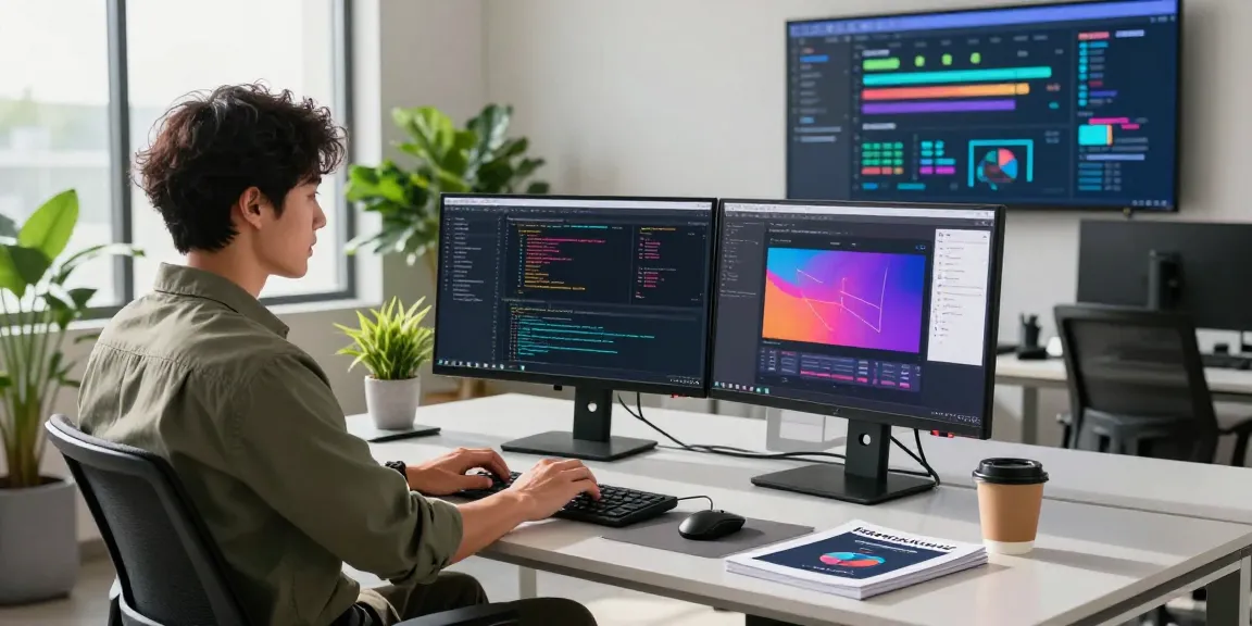 Refurbished pc in a modern tech workspace with coding displays and productivity tools.