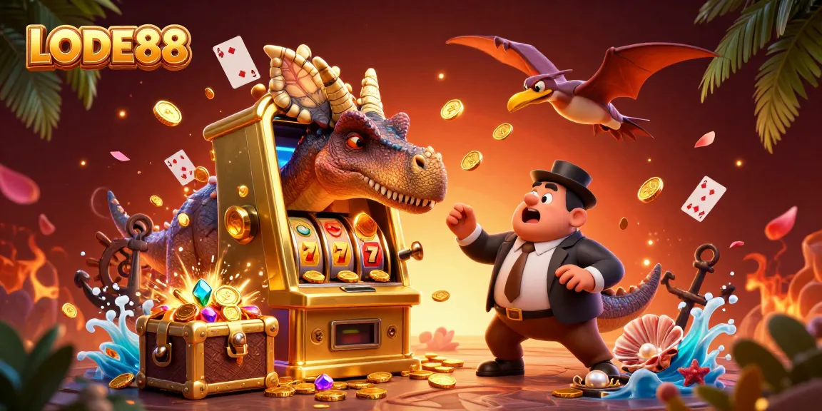 Engaging scene with LODE88 casino theme featuring a dinosaur and slot machine bursting coins.