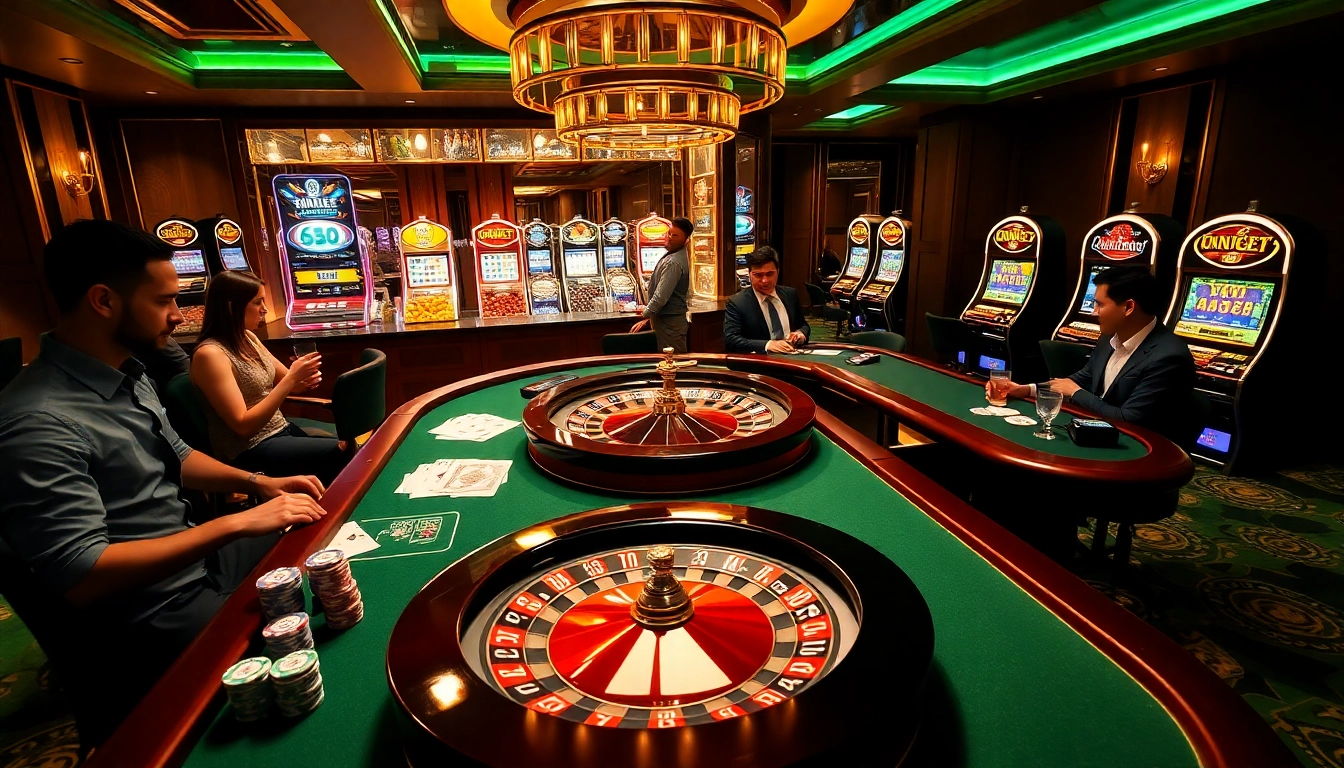 Experience high-stakes gaming at Trang Chủ DEBET with an array of luxurious casino tables and vibrant slot machines.