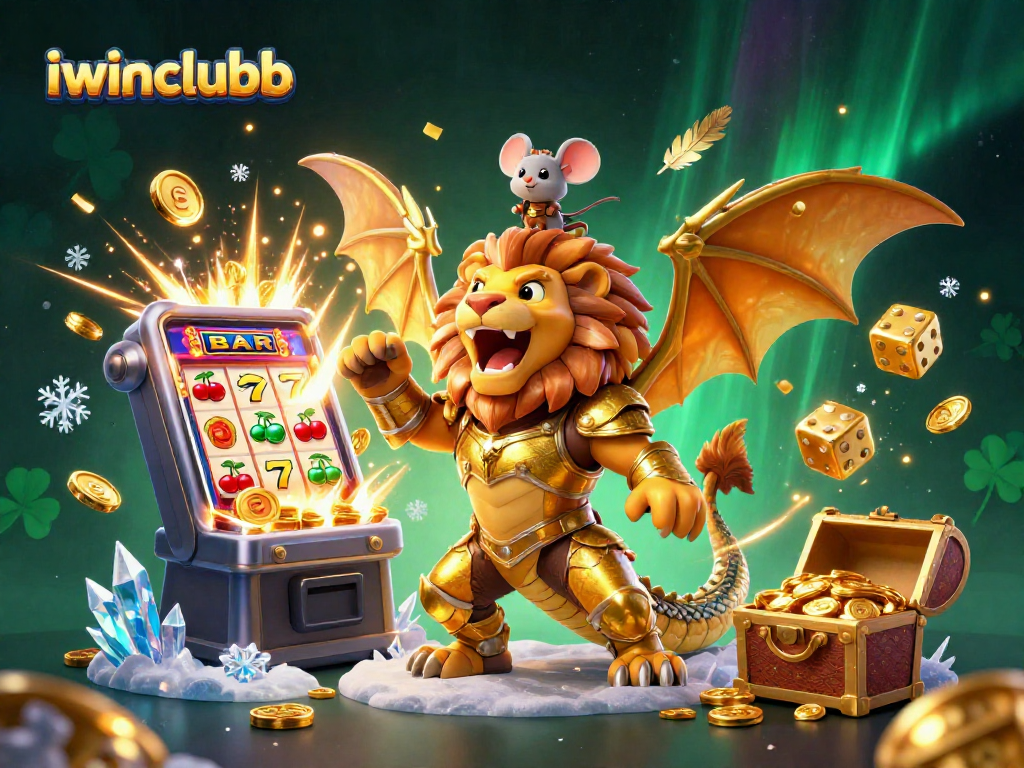 A thrilling iwinclubb scene showcasing a golden chimera and a mouse jockey amidst a jackpot explosion of coins.