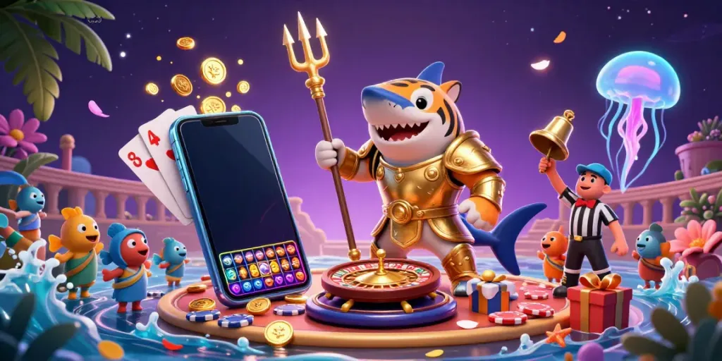 Experience excitement with LLWIN's vibrant underwater casino scene featuring a shark in gladiator armor.