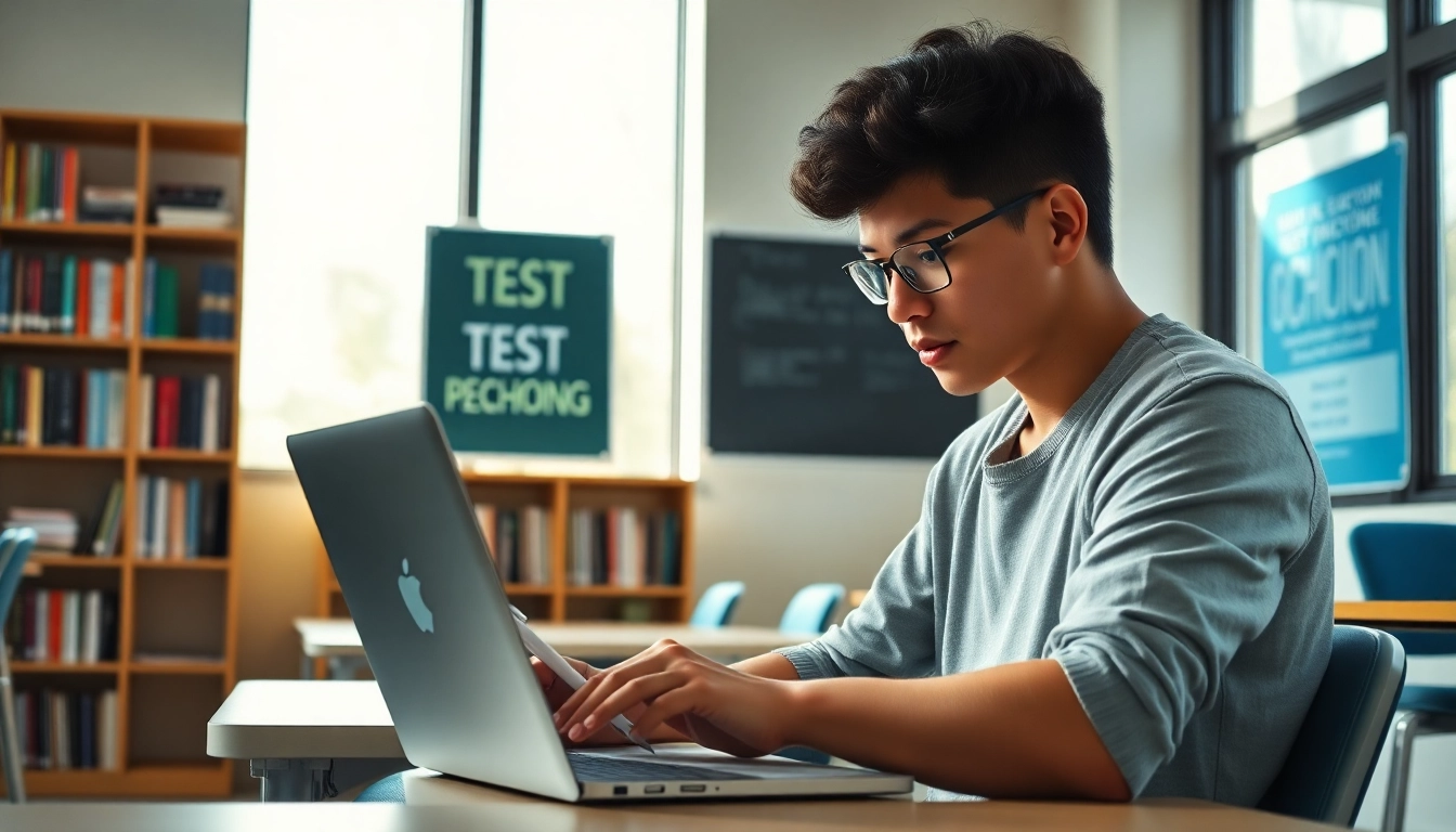 Engaged student preparing to pay someone to take toefl in a bright classroom setting.