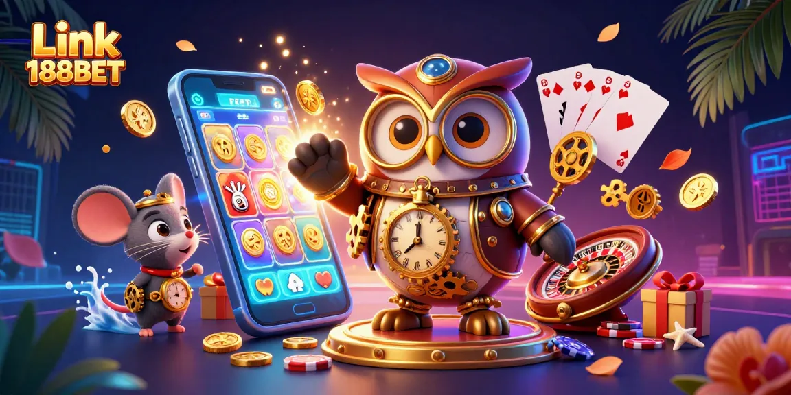 Play exciting slots with Link 188BET's interactive casino illustration featuring a whimsical owl and vibrant games.