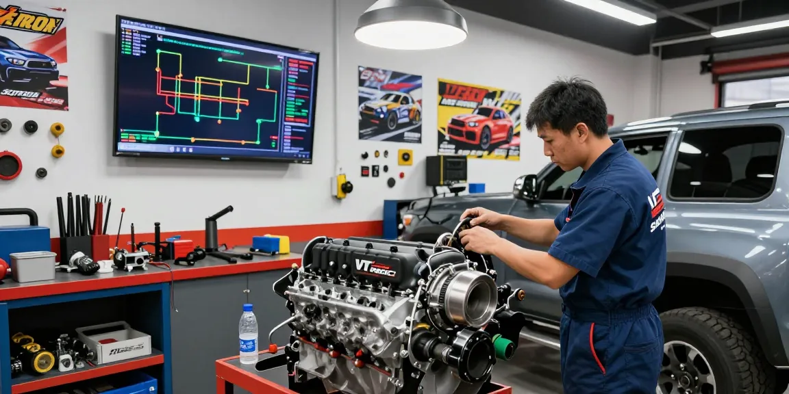 VT Racing Supercharger installation on a Toyota Tacoma in a bright garage setting.