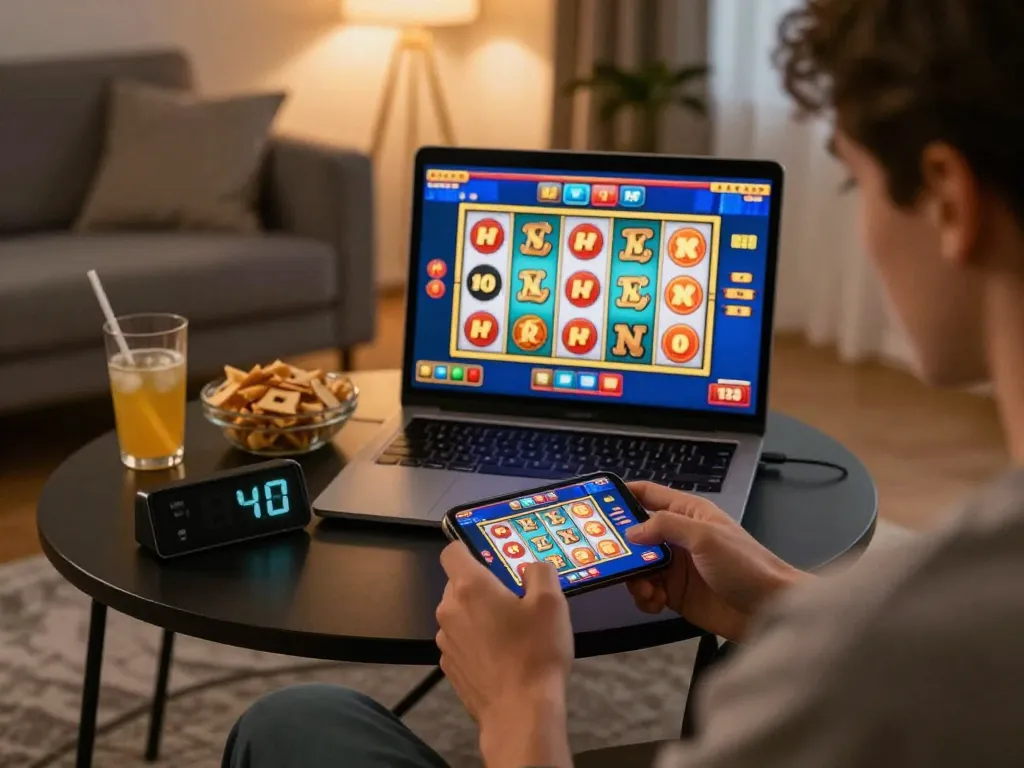Player enjoying Rikvip slots on smartphone while managing session limits in a cozy setting