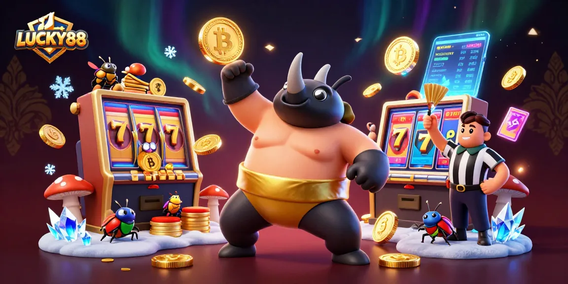 LUCKY88 slot game showdown with rhinoceros beetle champion in dynamic casino scene.
